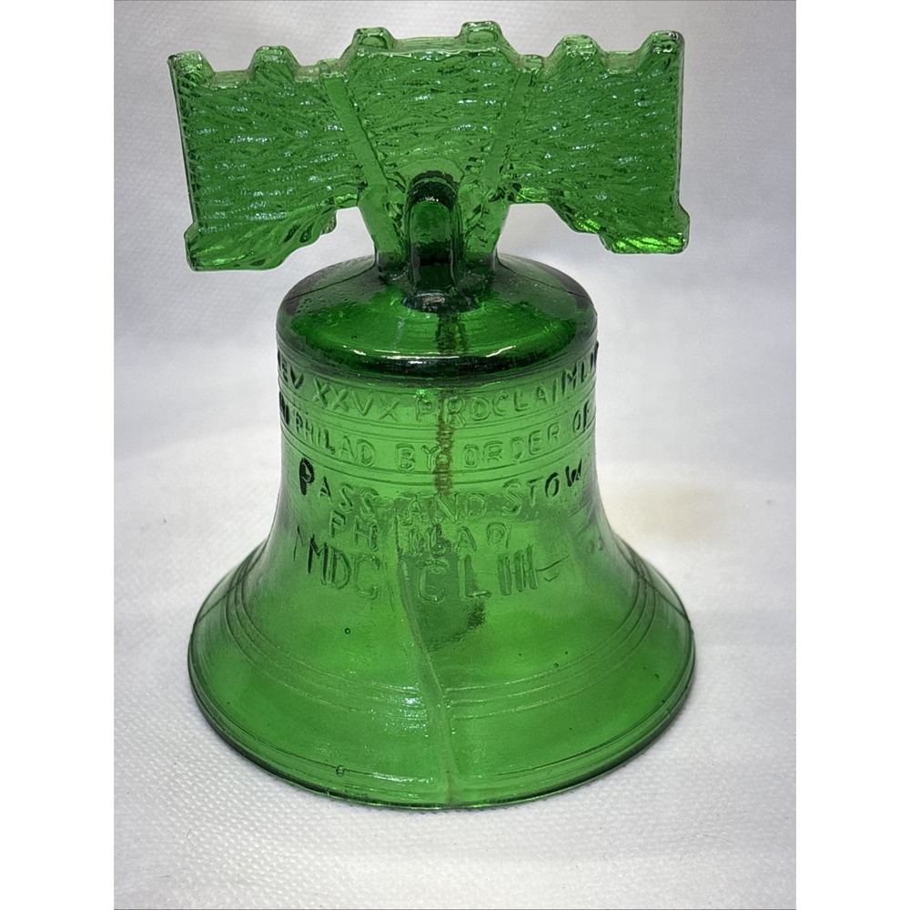 PHILADELPHIA CRACKED LIBERTY BELL FIGURINE GREEN GLASS w/Label 1940s